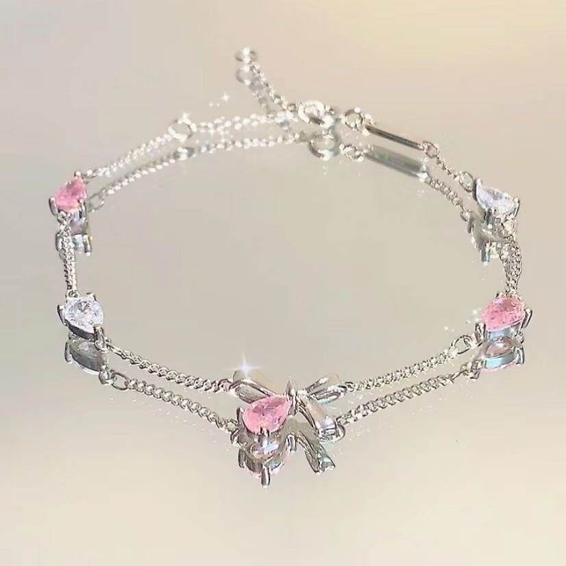 Moda Coreana Zircon Crystal Cherry Blossom Flower Bowknot Pulseira Ajustável Bangle Women Girl Lucky Jewelry Dress Acces
