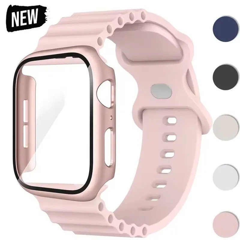 Capa de Vidro + Pulseira de Silicone para iWatch 38mm 42mm 40mm 44mm 41mm 45mm 46mm, Pulseira para iWatch 11 10 9 8 7 6