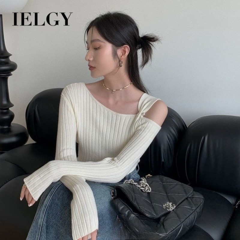 IELGY Francês Chic Off-the-ombro Pérola Camiseta de manga comprida Pit Strip Design Top de malha Slim-fit Slimmer Look N