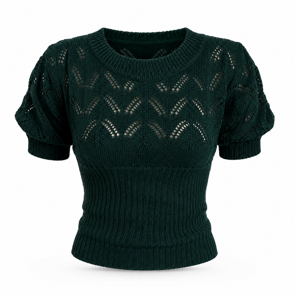 Blusa de Tricô Manga Curta Rendada Slim Fit Preta Feminina Casual Chic