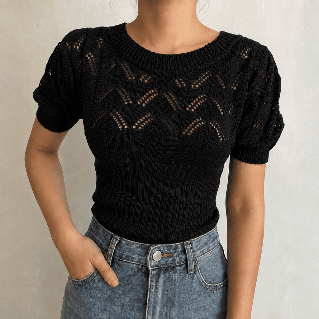 Blusa de Tricô Manga Curta Rendada Slim Fit Preta Feminina Casual Chic