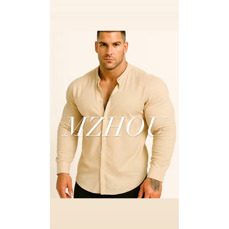 Camisa Maculina Gola Padre Viscolinho Manga Longa Slim Fit Tendencia 2025 Social Chic verão