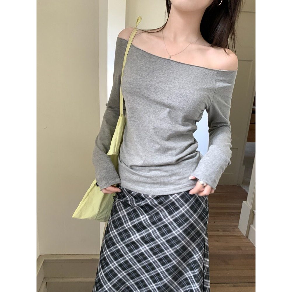 PPHOME Retro Hot Girl ~ Hot Girl Um Ombro Inclinado Ombro Manga Comprida Camiseta Outono Chic Puro Desejo Slim-Fit Base