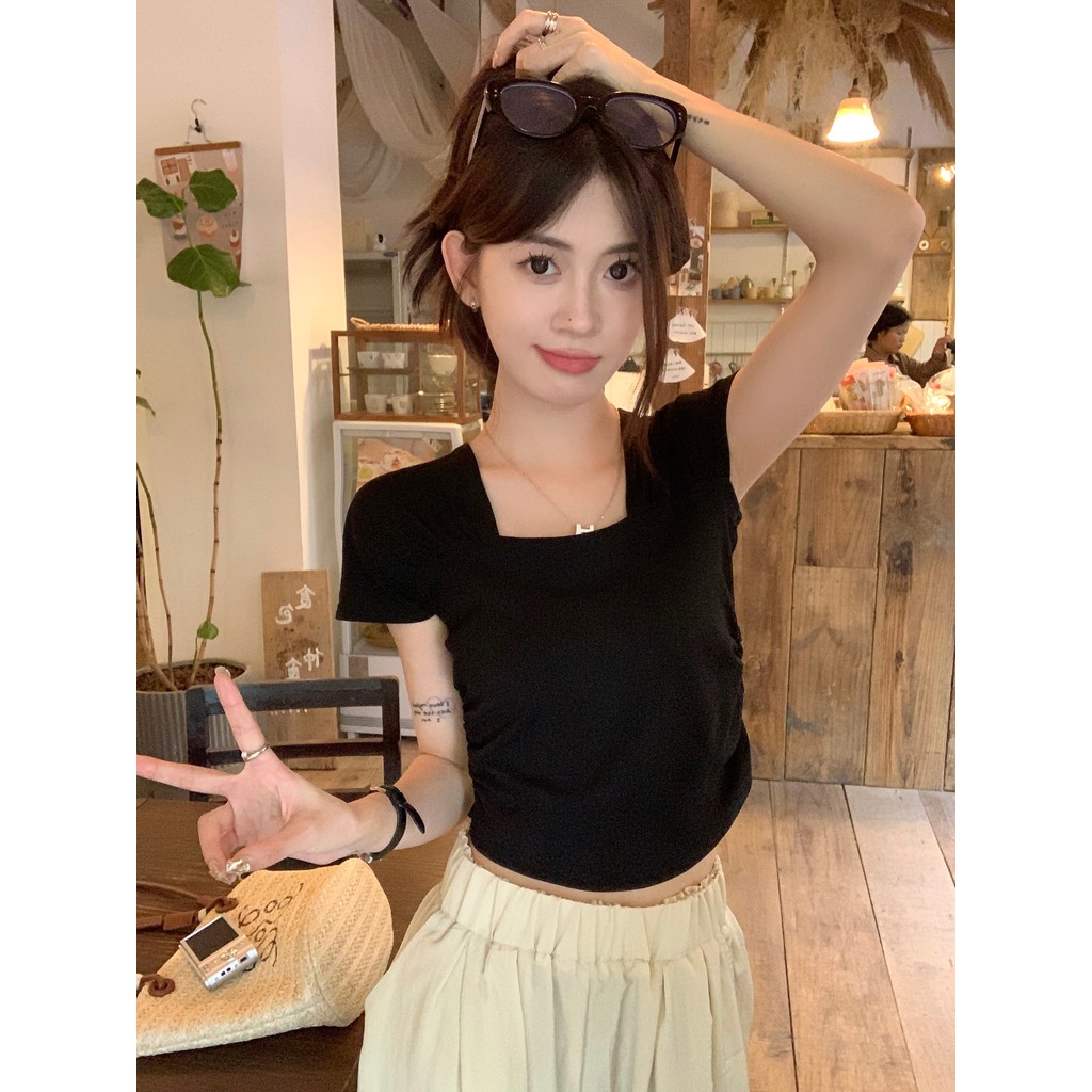 PPHOME Doce Menina Quente Preto Pescoço Quadrado Ombro Manga Curta Camiseta Feminina Verão Nicho Chic Slim-fit Curto Top