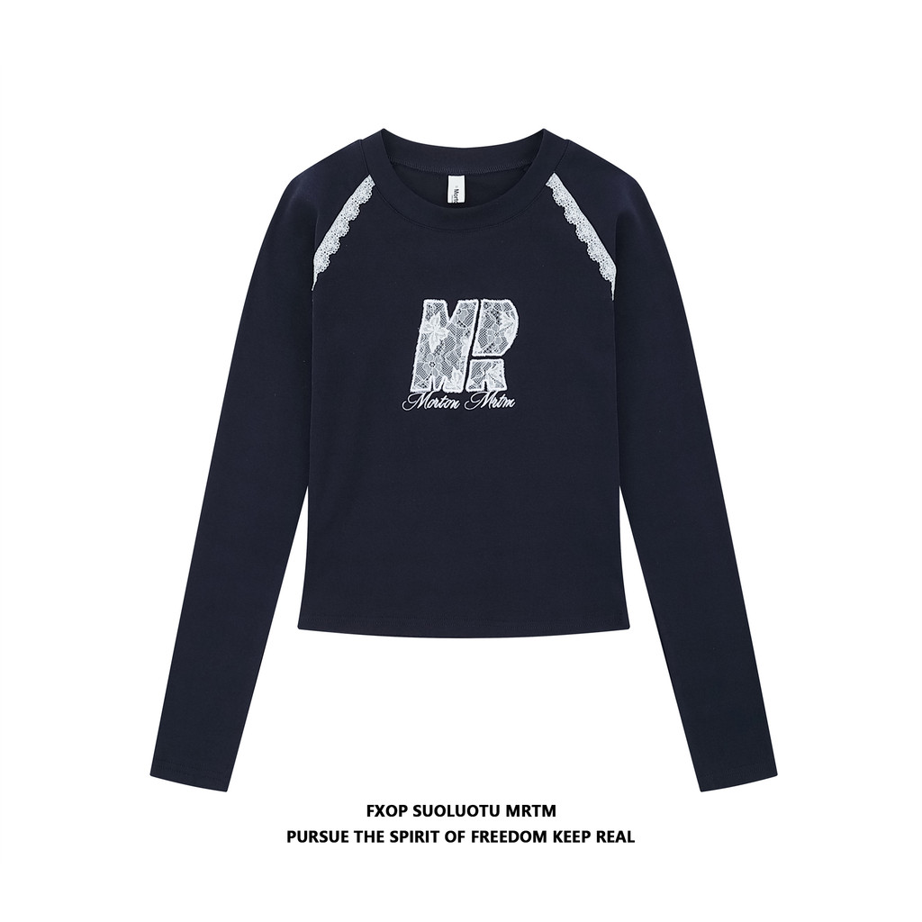 FXOP Coreano Renda Bordado Raglan Curto Manga Comprida Camiseta Feminina 2026 Slim-Fit chic Bottoming Shirt Início da Pr