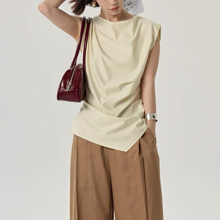 Elegant Commuting Sleeveless Shirt with Dropped Collar, Summer Chic Slim-Fit Shirt with Small Flutter Sleeves