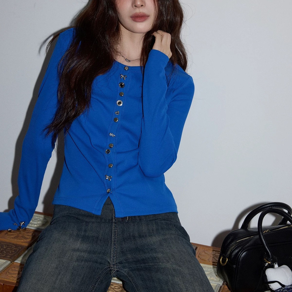 Chic American-style blue crew neck knit sweater for women2025Autumn high-end elegant waist-cinching casual slim-fit long