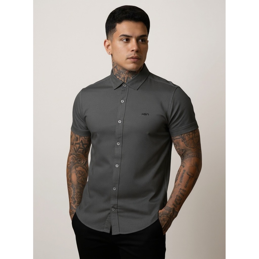 Camisa Masculina Viscose Elastano Manga Curta Slim Fit Não Amassa — Sarah Chic
