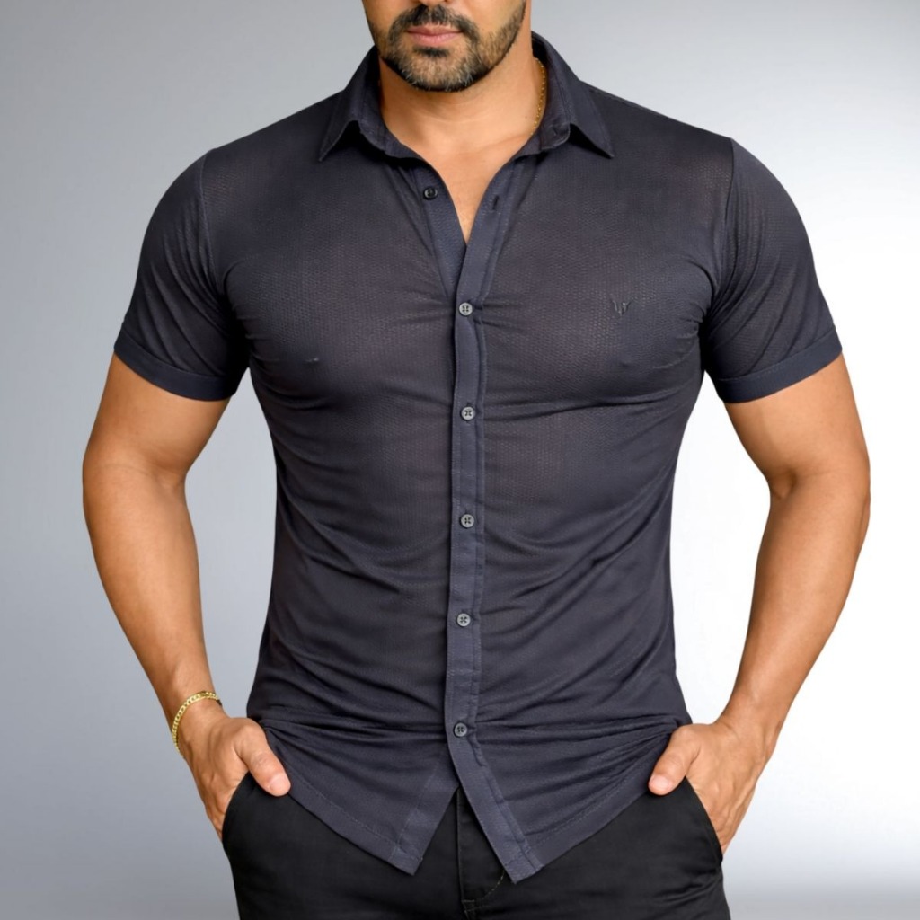 Camisa Masculina De Botões Social manga curta Malha Premium Transparente Camiseta Blusa Verão Slim Fit Padrão Chique