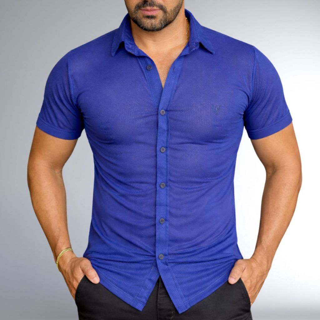 Camisa Masculina De Botões manga curta Malha Premium Transparente Camiseta Blusa Verão Padrão Chique Social Slim Fit