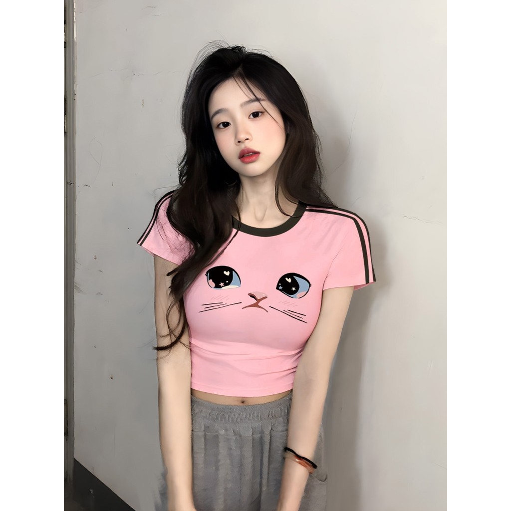 Slim-fit curto Raglan topo feminino verão dopamina usar rosa doce quente menina chique curto manga curta camiseta