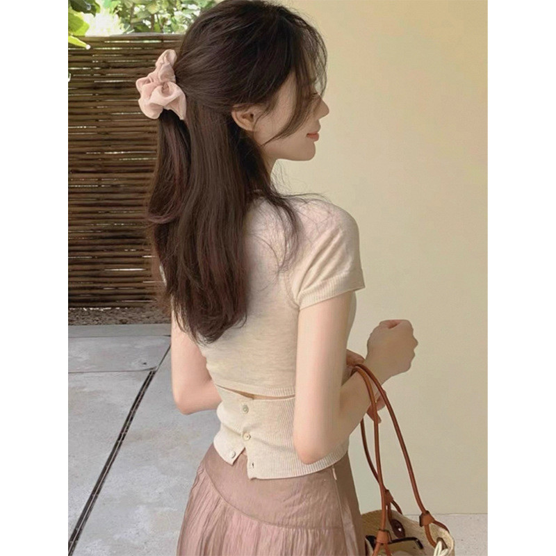 Purely alluring back-revealing ice silk knitted short-sleeve top t Women's summer slim-fit short top, unique and chic, s