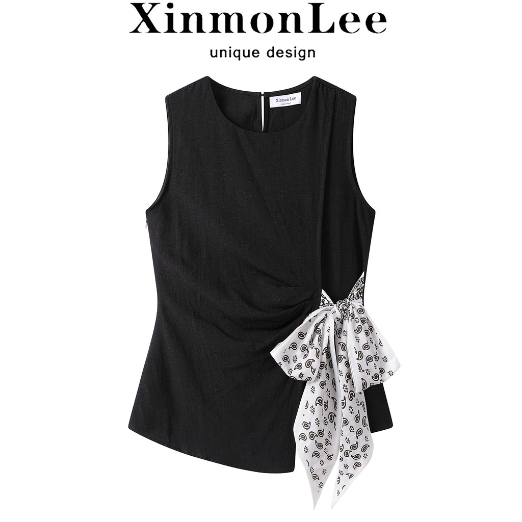 XinmonLee High-End Preto Retro Sem Mangas Colete Irregular Slim-fit Slimmer Look Laced-up Chic Top Verão