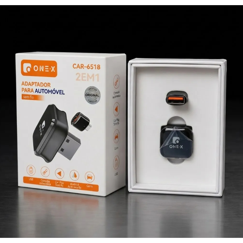 Adaptador Multimidia Veicular One-x Carplay e Android Auto Sem Fio Bluetooth Wireless