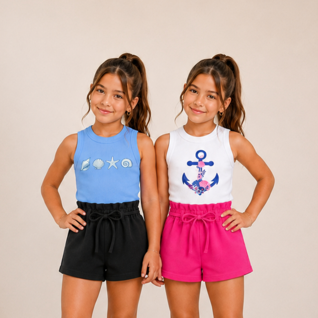 Moda Infantil Feminina Mini Diva Kit 2 Conjunto Leve Fresquinho Estampa Praiana Regata Shorts