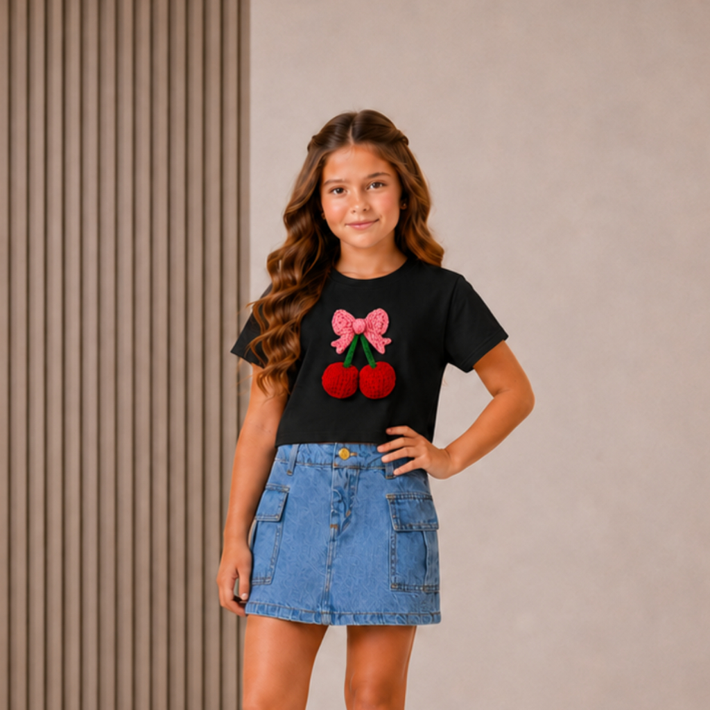 Look Infantil Mini Diva Conjunto Estiloso Cereja Cropped Algodão Saia Jeans Moderna