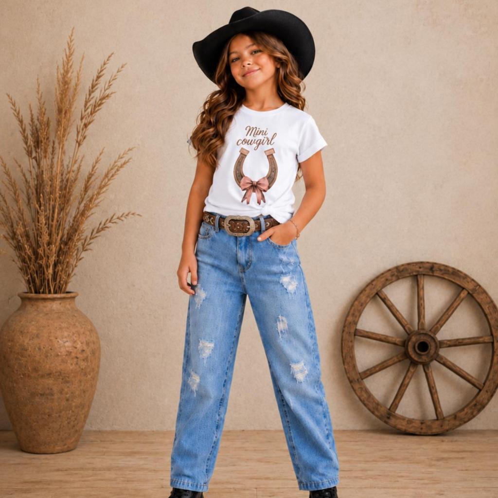 Look Infantil Country Chic Menina Mini Cowgirl Calça Jeans Mini Boiadeira Country Girl
