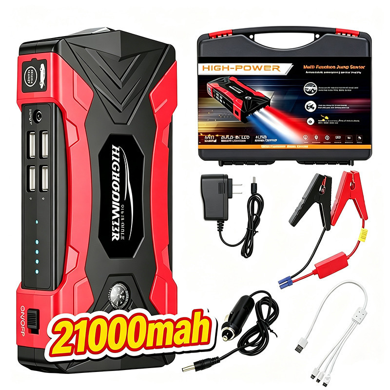 Auxiliar De Partida 21000mAh Jump Starter 12V Multifuncional Com Lanterna USB Para Carro Moto Maleta Completa