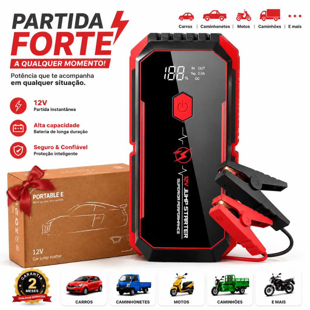 Cysedoya Auxiliar de Partida Portátil Veicular 12V - Jump Starter com Lanterna LED, Carregador USB e Pinça Inteligente