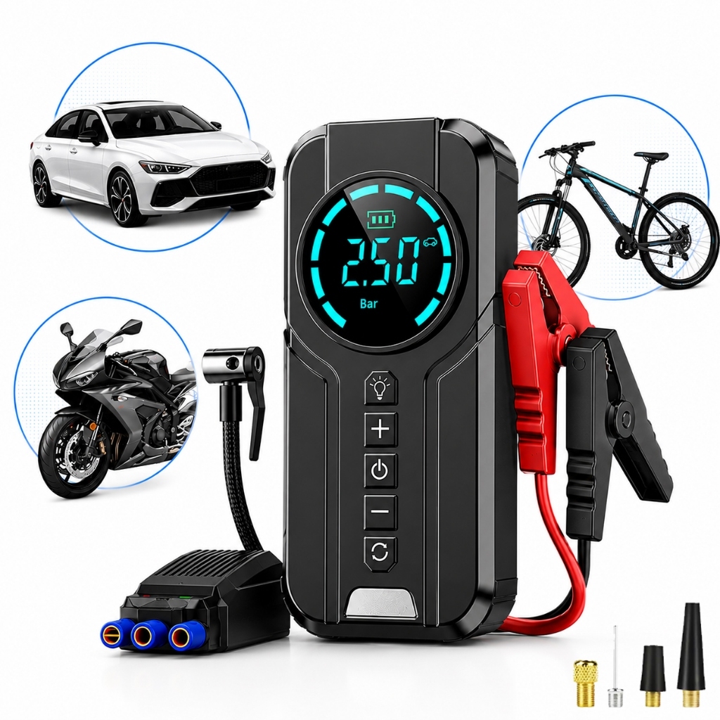 Jump Starter Battery Charger with Portable Emergency Air Compressor for Automotive Vehicles