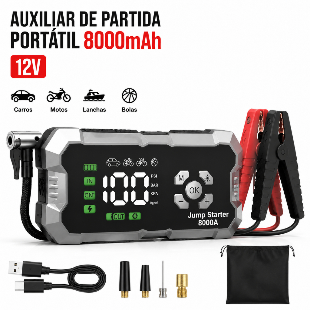 Jump Starter Battery Charger with Portable Emergency Air Compressor for Automotive Vehicles