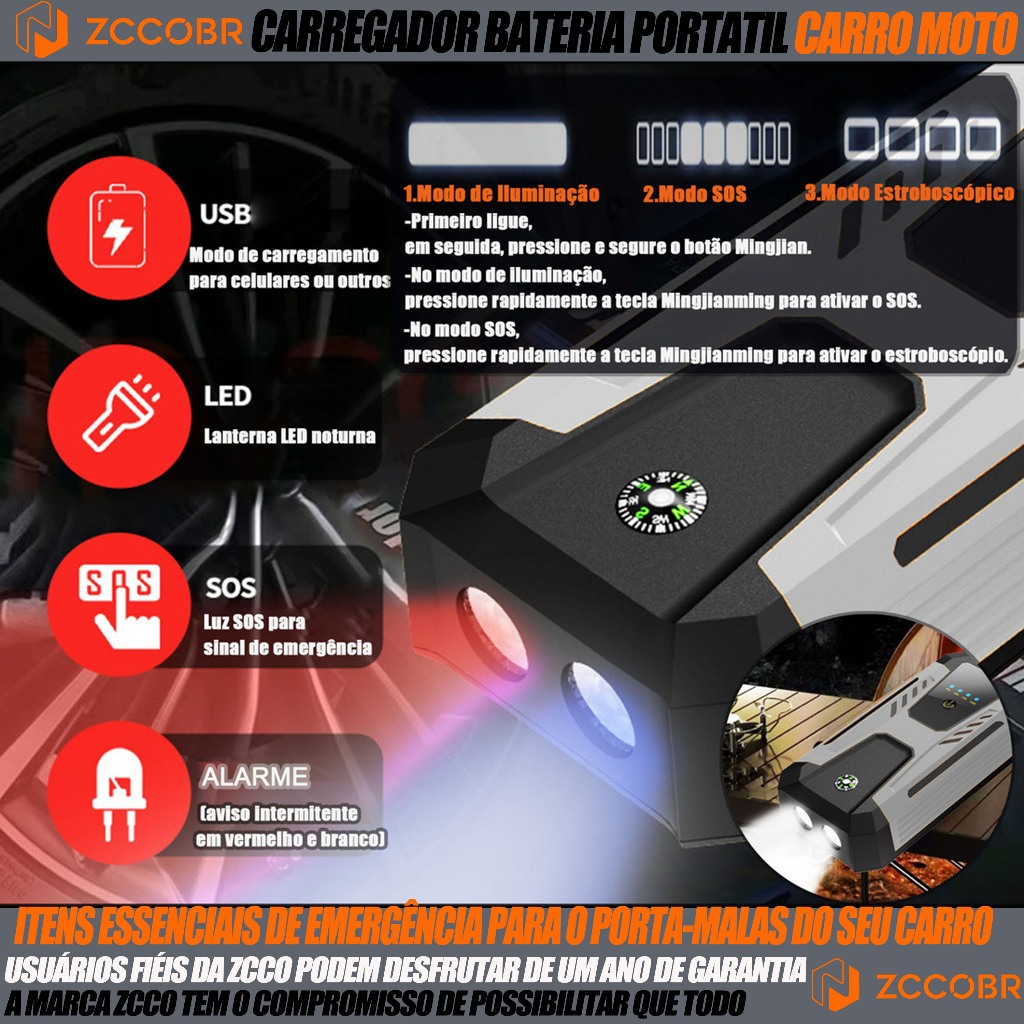 ZCCOBR Auxiliar De Partida Jump Starter Portátil 1500a Carro Moto