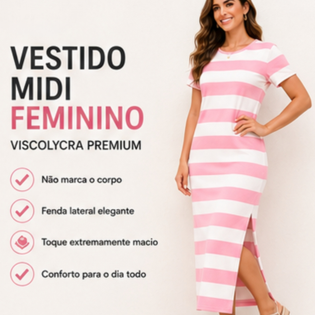 Vestido Midi Feminino Listrado Viscolycra Premium | Não Marca o Corpo | Fenda Lateral | Casual Elegante