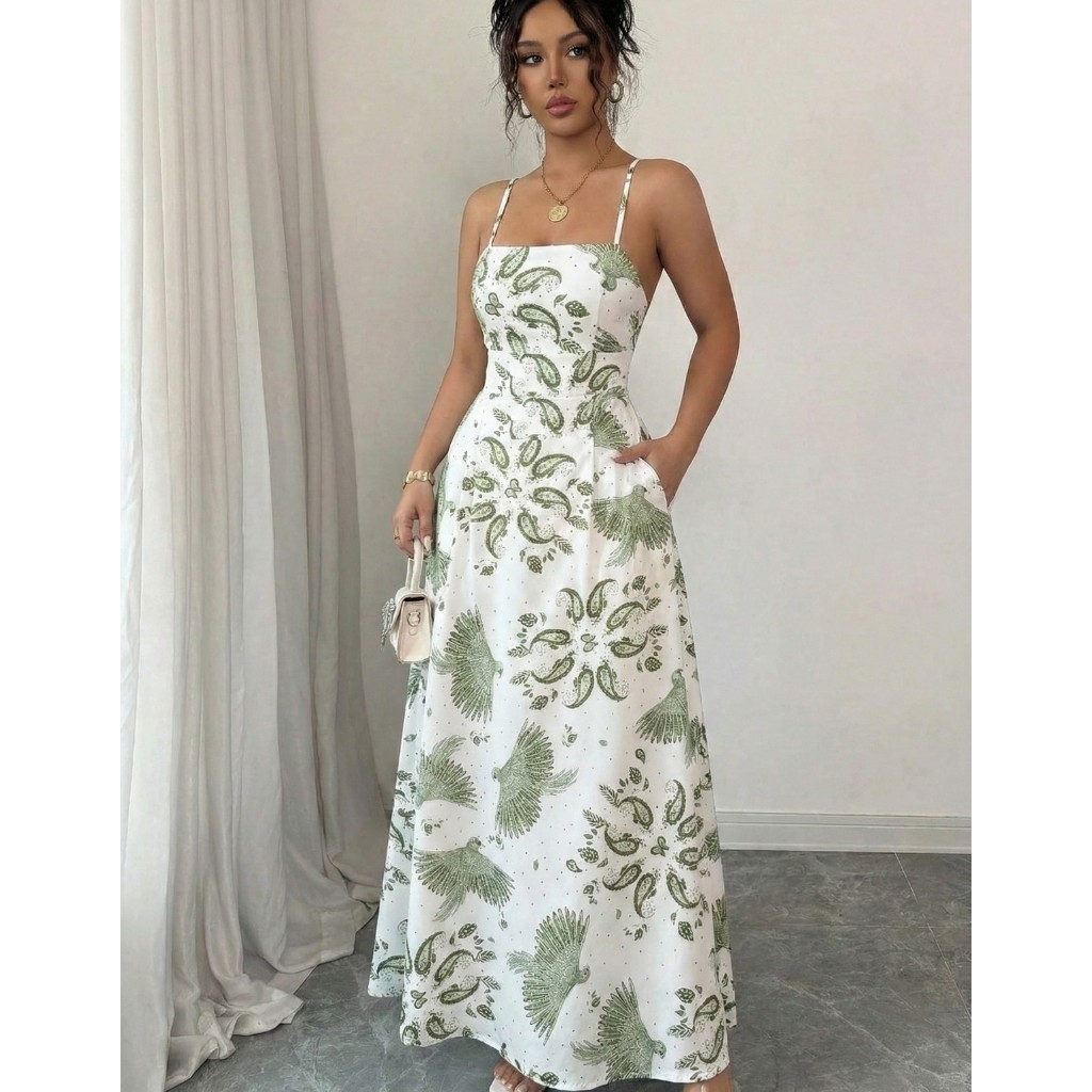 Vestido Longo Feminino Alça Fina Estampa Floral Cintura Alta Moda Verão Tropical
