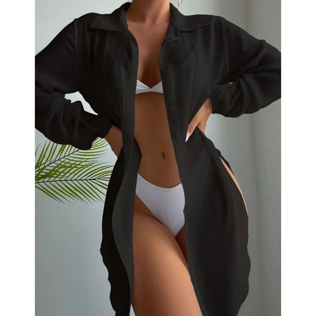 Vestido Camisão Chemise Saída De Praia Manga Longa Verão Moda Praia