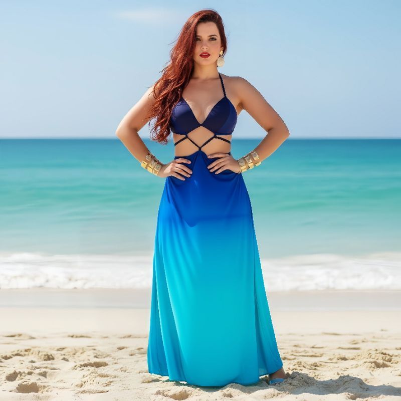 Vestido Feminino Longo Com Fenda Vestido Degradê Estiloso Luxo Estampado Costa Nua Estilo Verão