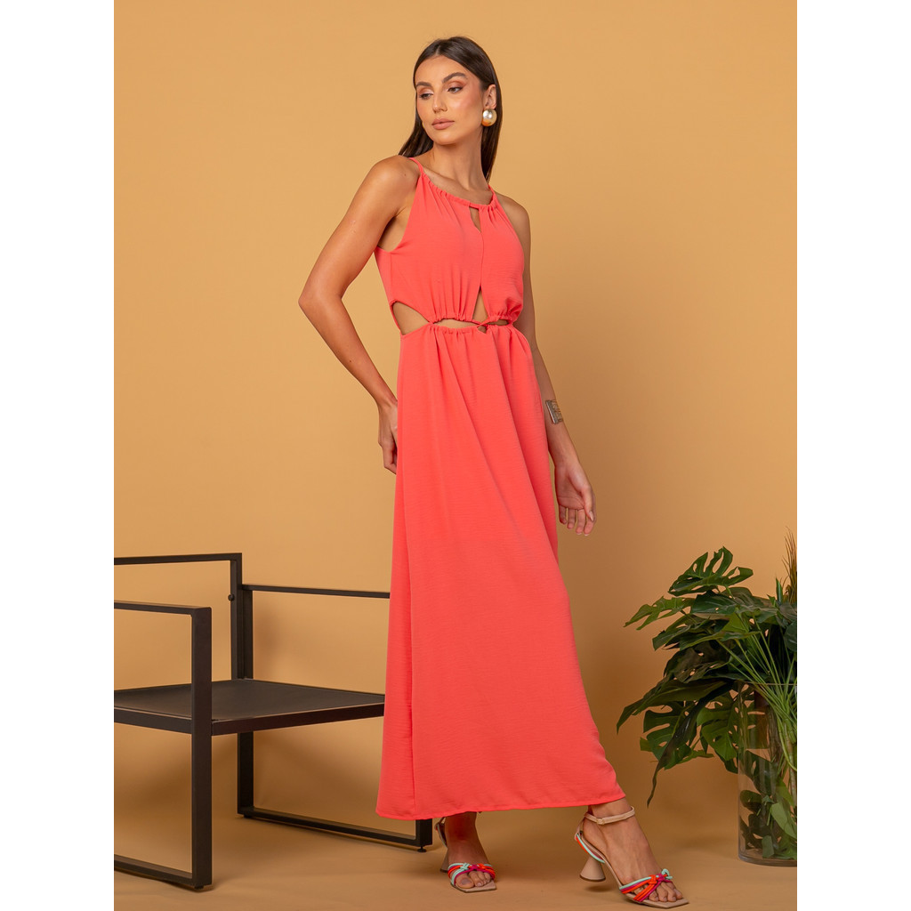 vestido longo femenino com fenda aberta cintura com bojo moda verao