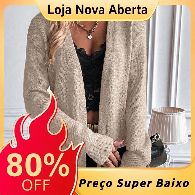 Cardigã Feminino Outono Inverno Comprimento Midi Solto Plus Size Sem Gola Manga Comprida Cor Sólida Suéter De Malha Botõ