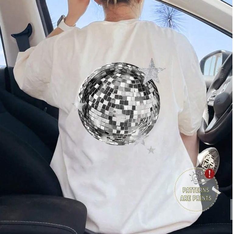 Camiseta Gráfica Feminina de Ajuste Solto Casual de Gola Careca de Manga Curta Bola de Disco Vintage