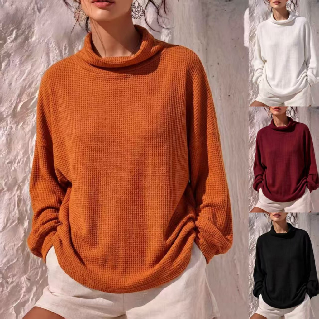 Waffle Feminino Solto Manga Comprida Gola Alta Casual Moda Top