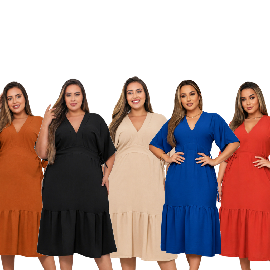 Vestido Feminino Plus Size Midi Moda Evangélica Igreja Solto Gola V Cinto Eventos Dia Noite Conforto