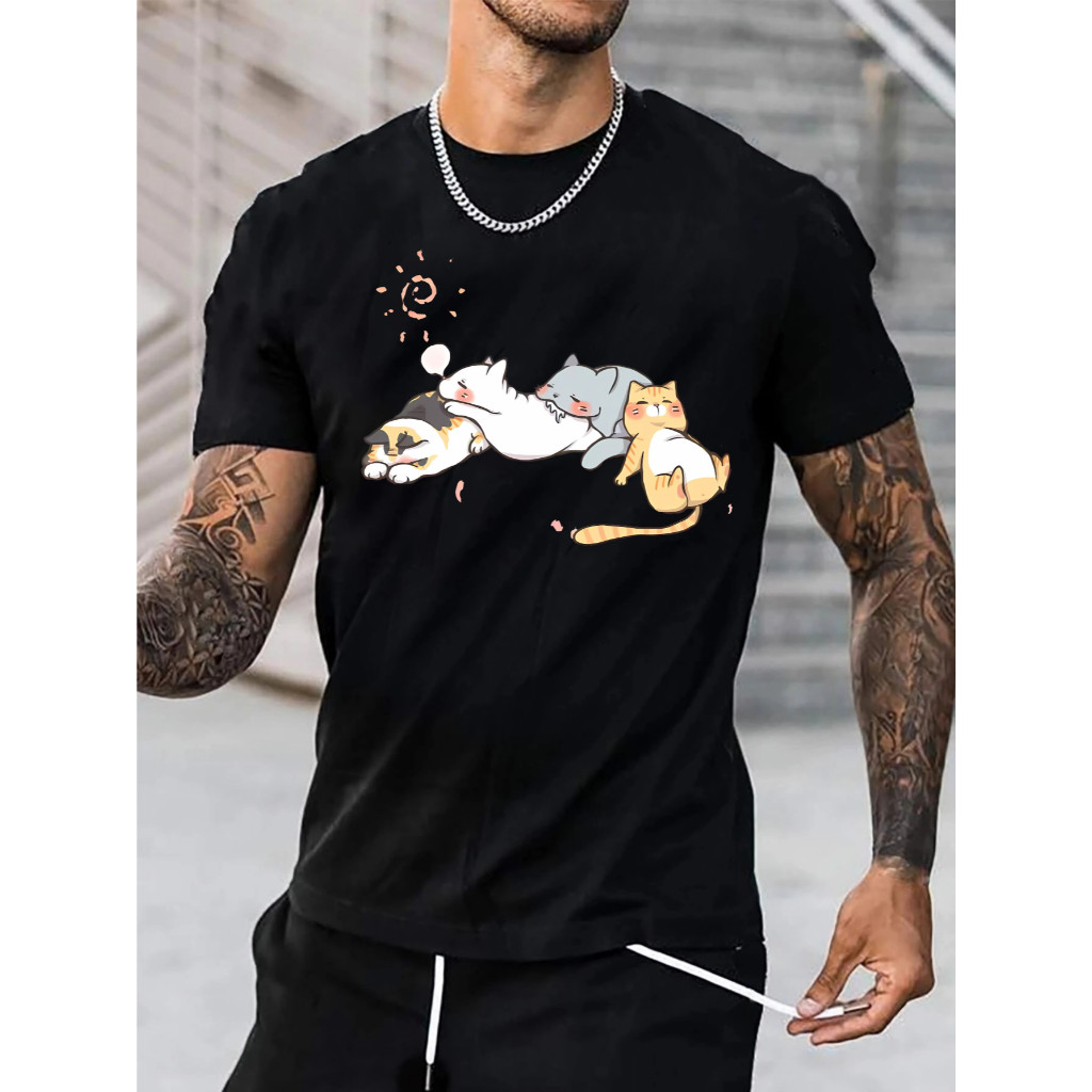 Camiseta Masculina de Algodão Manga Curta Estampa de Gato Minimalista - Gola Redonda e Corte Solto