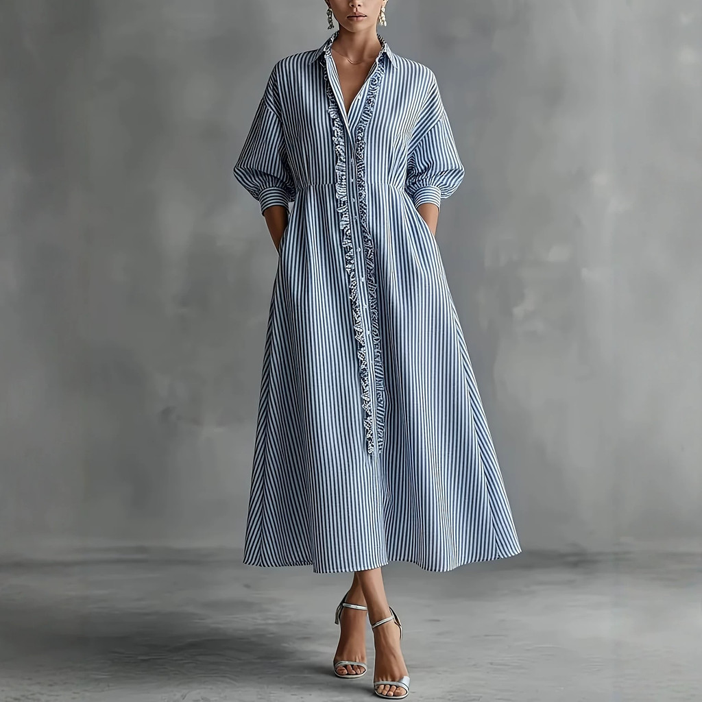 Gola Feminina Preta Fungo Borda Vestido Listrado Bolso Solto Manga Lanterna Camisa Saia