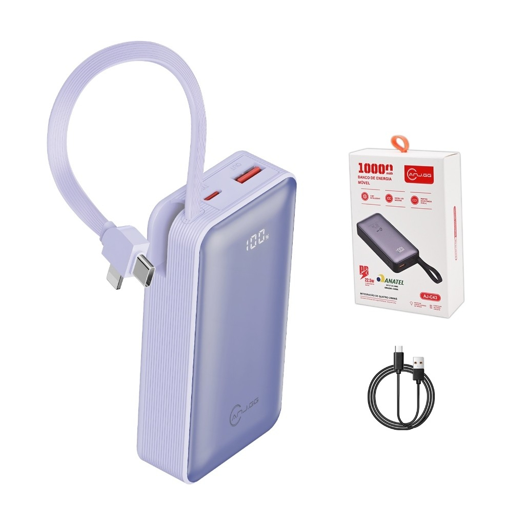 Power Bank Portátil 10000mAh com Cabos Embutidos Type-C e iOS – Carregamento Rápido Fast Charge