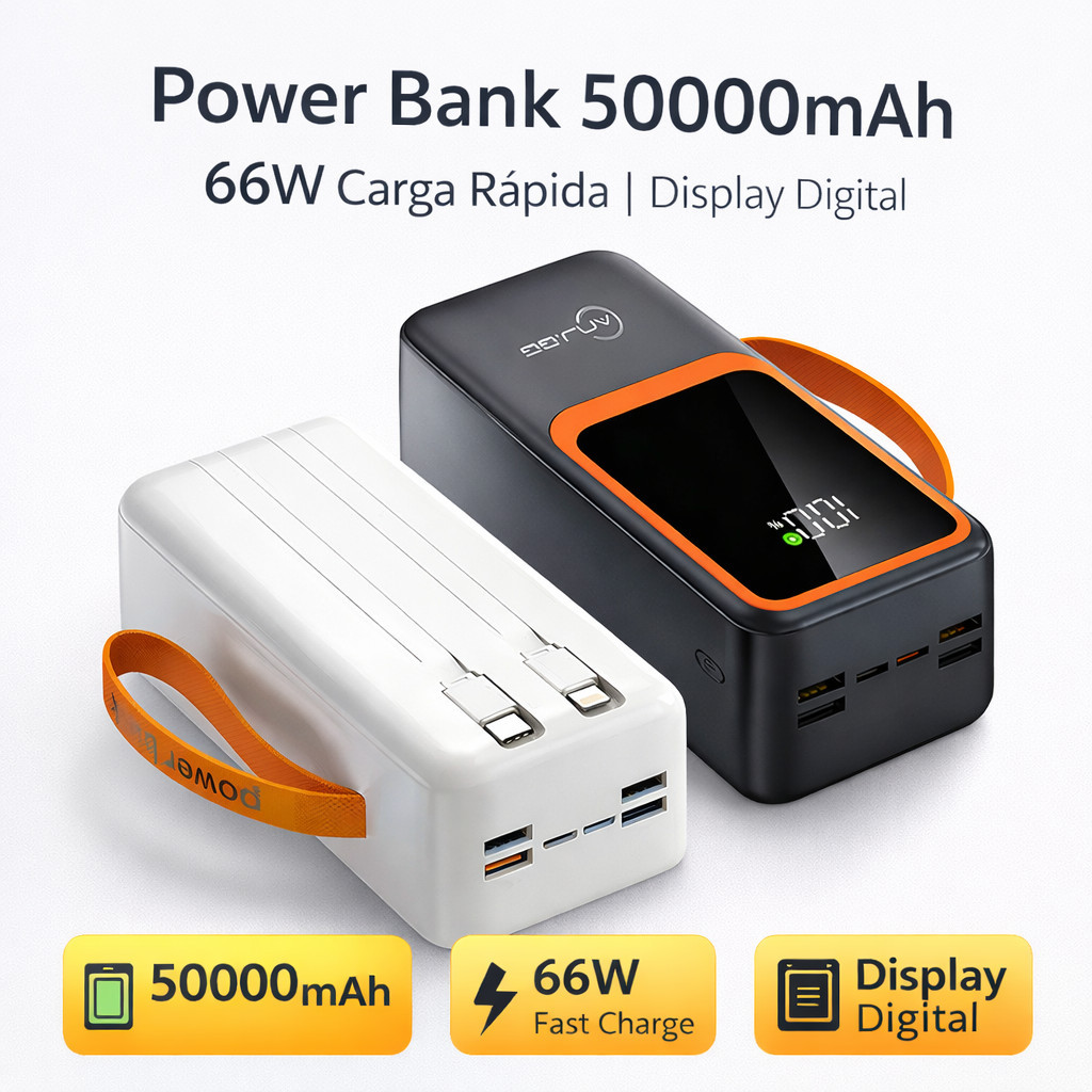 Power Bank Portátil 50000mAh com Múltiplas Saídas, 66W Fast Charge e Display