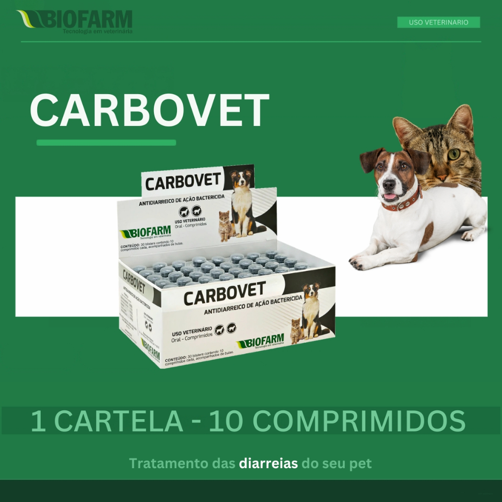 Biofarm Carbovet Bactericida Antidiarreico Vômito Intoxicação Cães Gatos 10 Comprimidos