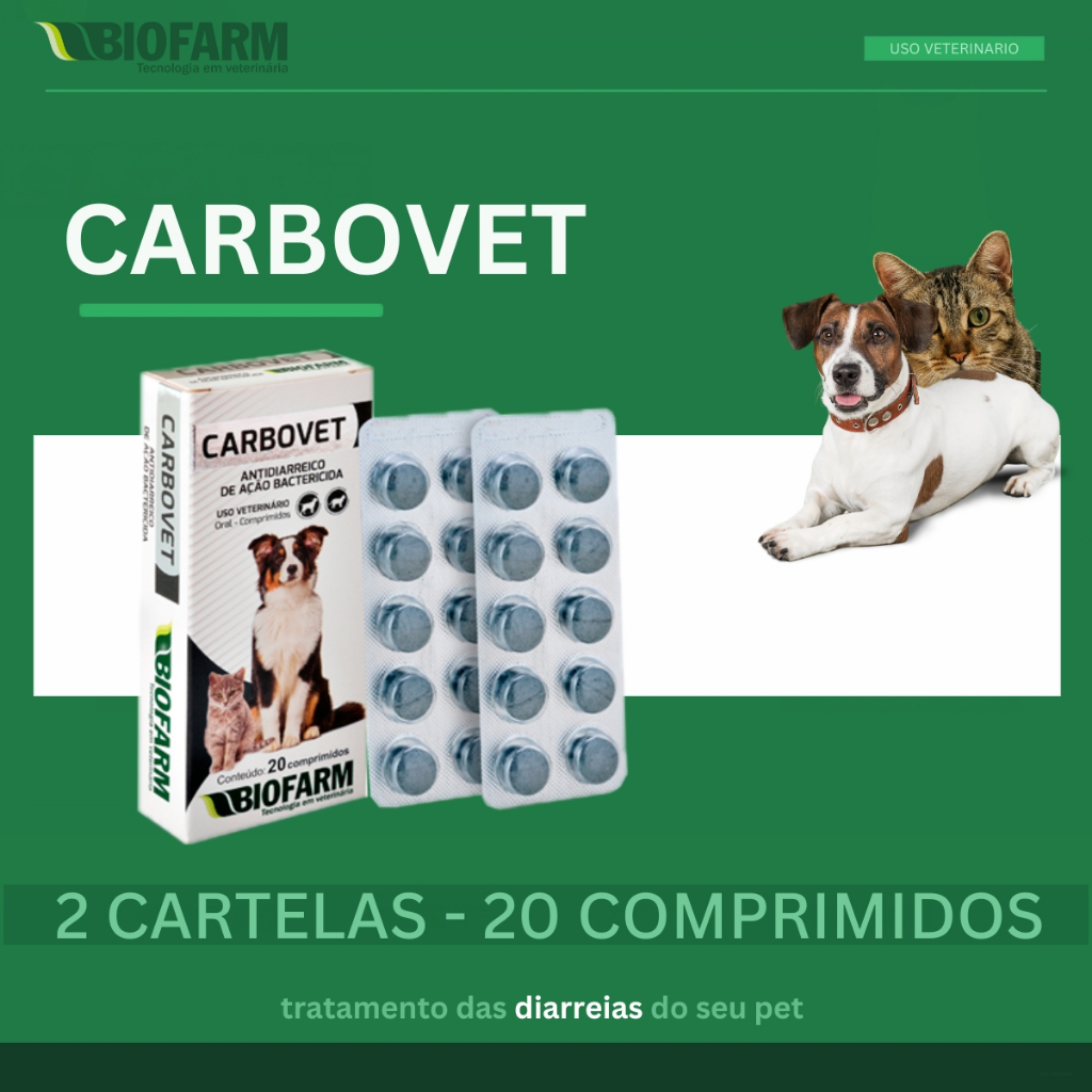 Biofarm Carbovet Bactericida Antidiarreico Vômito Intoxicação Cães Gatos 20 Comprimidos