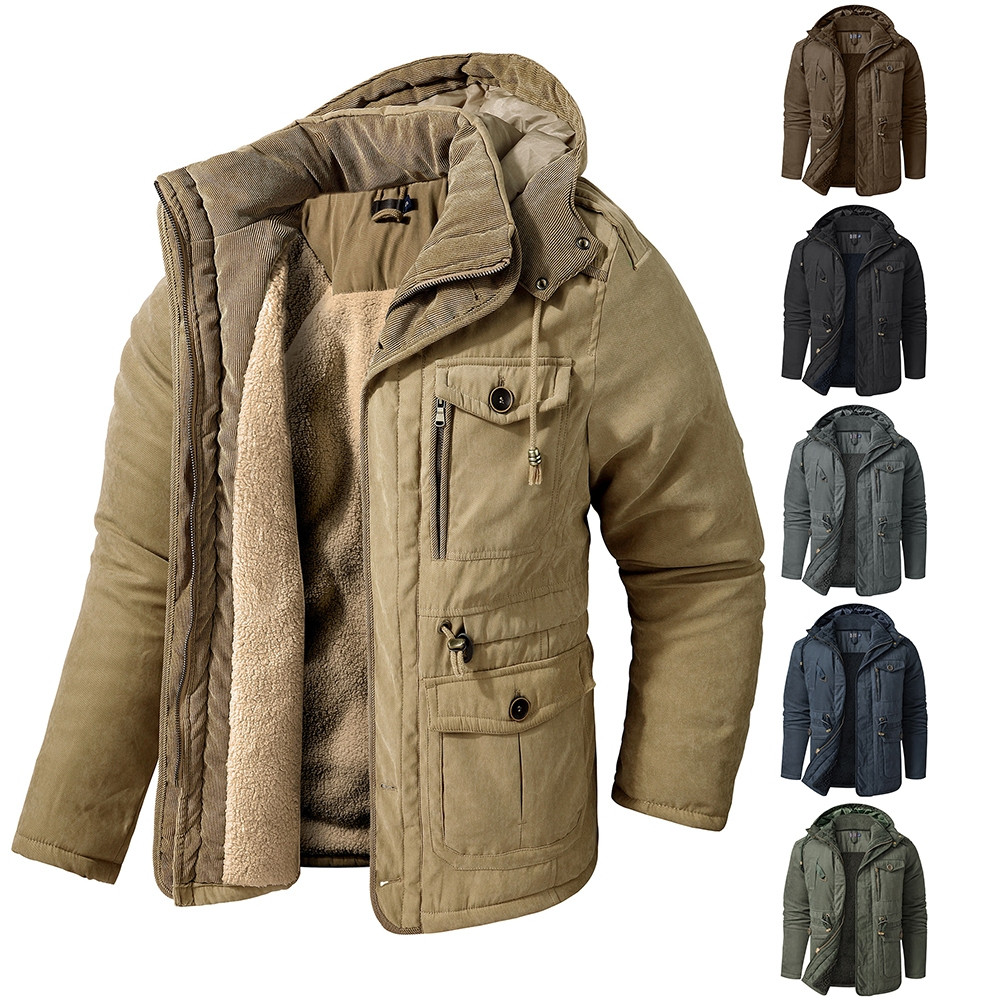 Jaqueta masculina com capuz feita de lã e fleece, mantendo aquecido no inverno. J7AJ em português