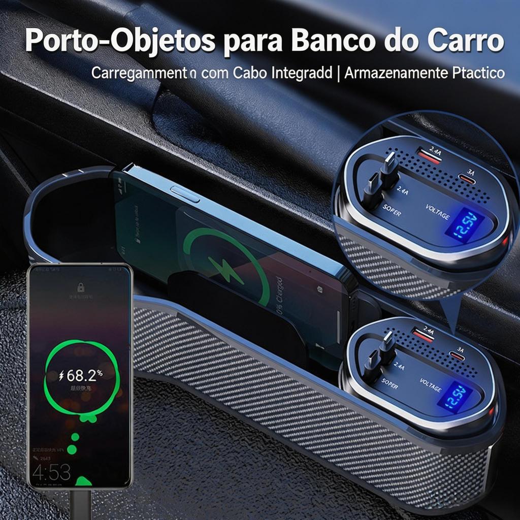 Caixa de armazenamento de carregamento para assento de carro, com carregamento rápido sem fio, Display Digital