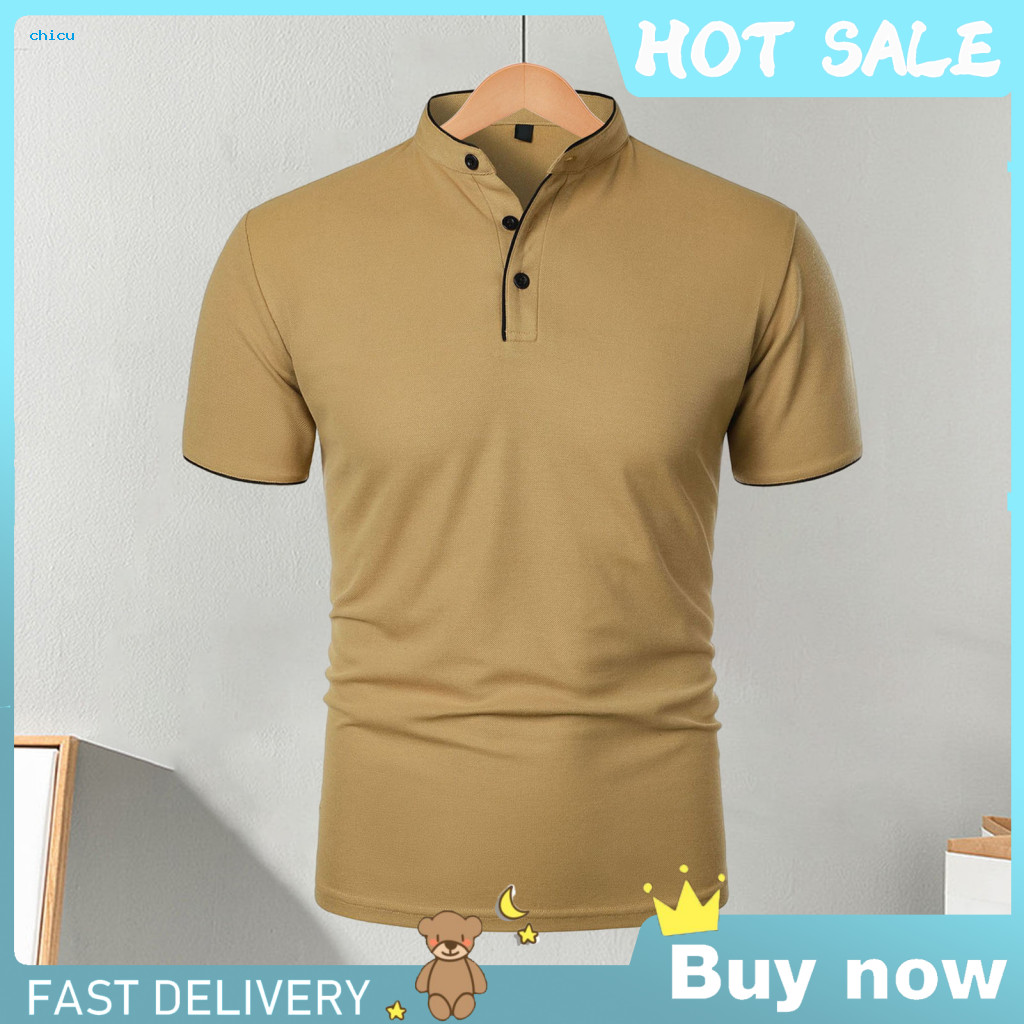 Solid Color Men T-shirt Casual Fashion Top Men's Short Sleeve Half-stand Collar Basic Tee Regular Fit for Sports Travel