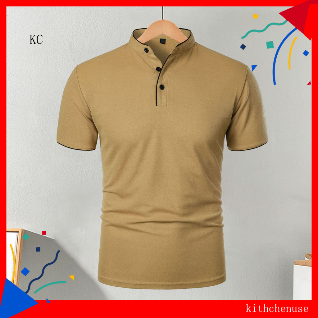 Solid Color Men T-shirt Stylish Half-stand Collar Tee Men's Casual Short Sleeve Basic Regular Fit for Sports Travel Offi