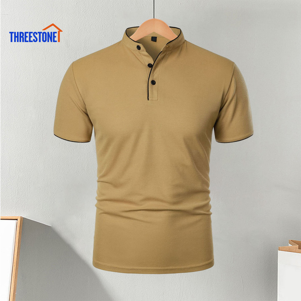 Stylish Men Half-stand Collar Tee Regular Fit Men's Casual Short Sleeve T-shirt Solid Color Basic for Sports Travel Offi