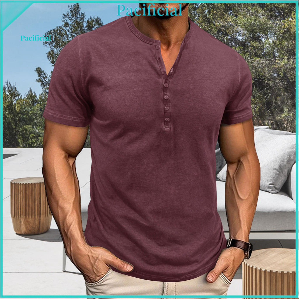 Versatile Men T-shirt Basic Tee Men's Henry Collar Short Sleeve Solid Color Buttoned Casual for Sports Travel Office –