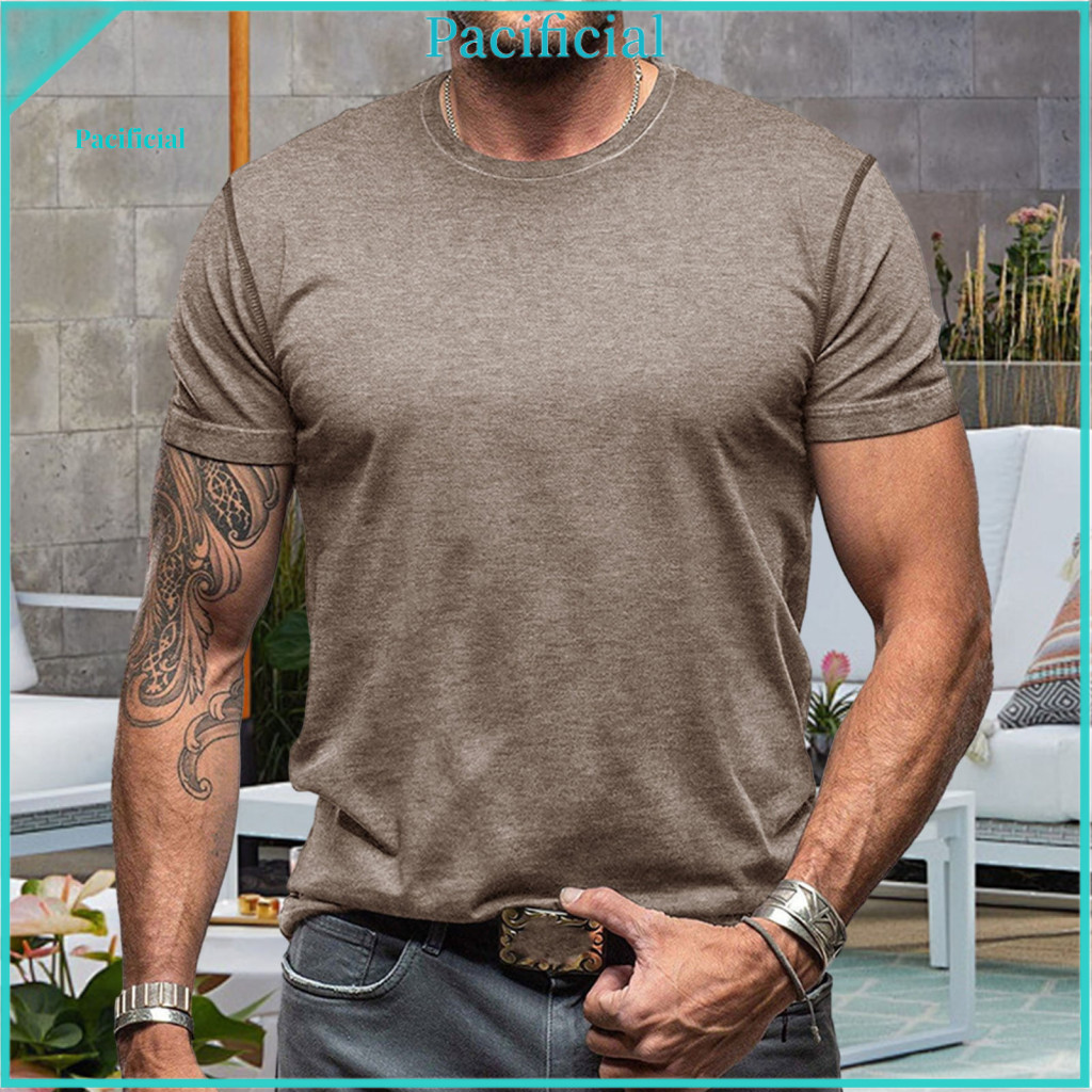 Men Solid Color T-shirt Fashionable Tee Men's Cotton Round Neck Short Sleeve Basic Casual Pullover for Sports Gym Travel