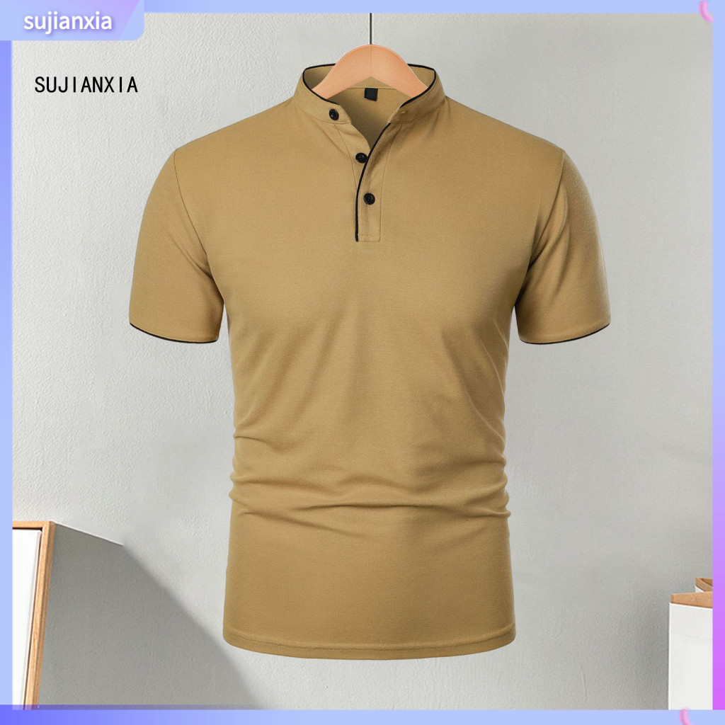 Regular Fit Men Tee Casual Tops Men's Short Sleeve T-shirt Half-stand Collar Solid Color Basic for Sports Travel Office