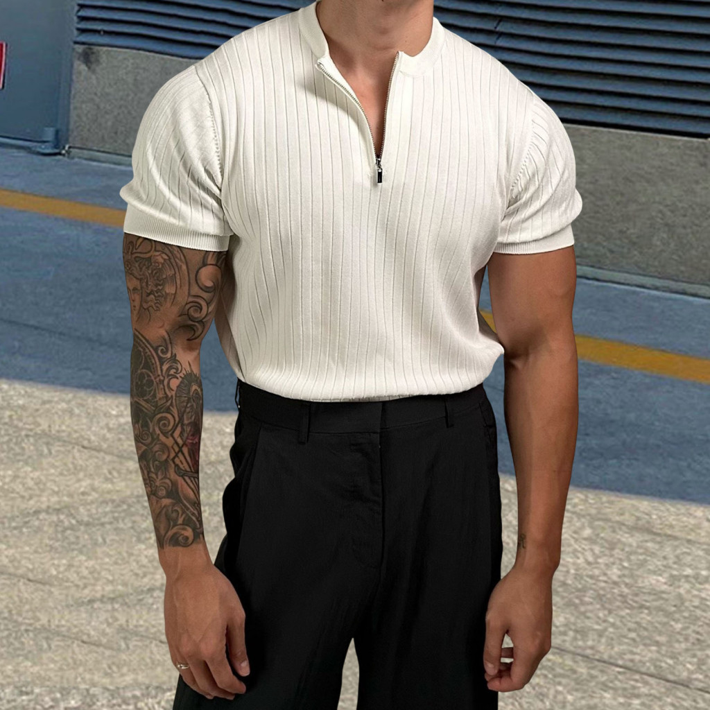 Casual Men Fashion Top Simple and Fashionable Tee Men's O-neck Short Sleeve T-shirt Solid Color Half-zip Basic for Summe